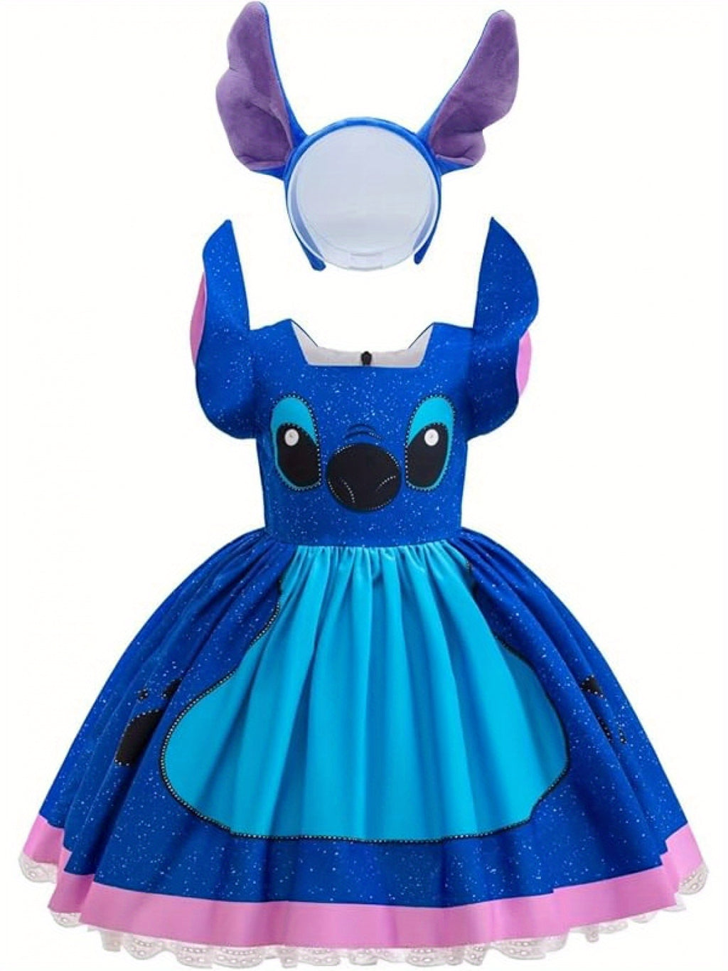 Disney Stitch girls costume dress with matching headband featuring Stitch ears for fun dress-up play