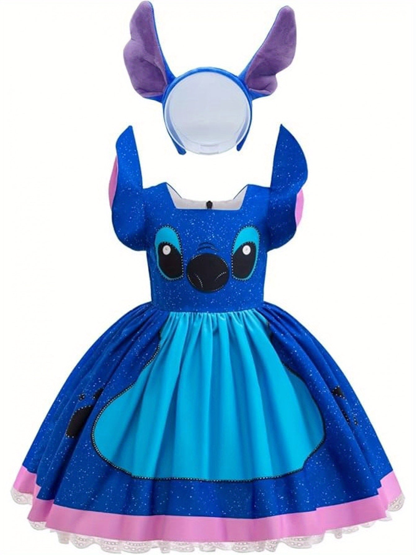 Disney Stitch girls costume dress with matching headband featuring Stitch ears for fun dress-up play
