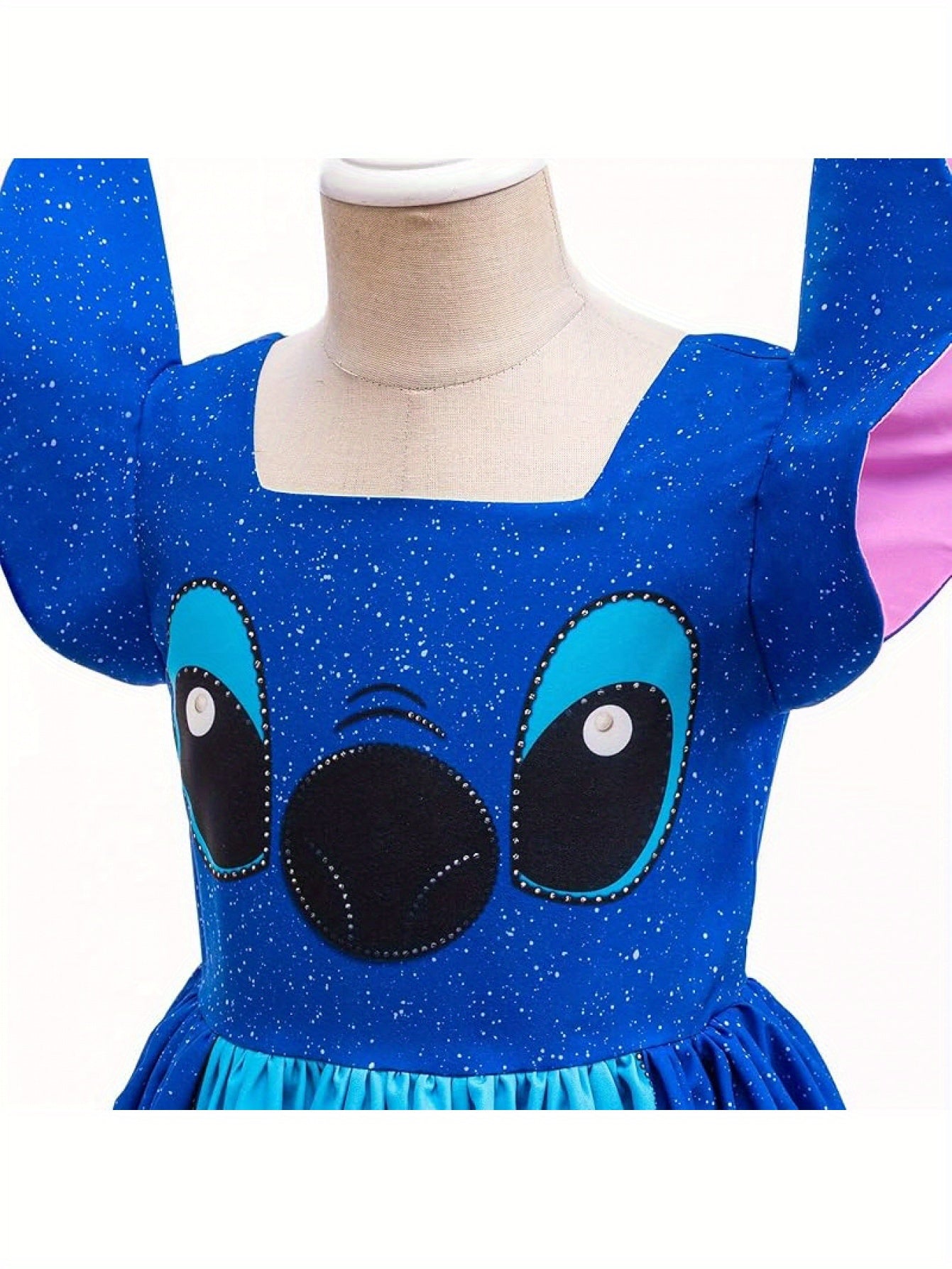 Disney Stitch girls costume featuring a blue dress with character face details and vibrant colors