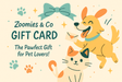 Dog and cat lover gift card with playful cartoon dog holding a love letter and a cute cat