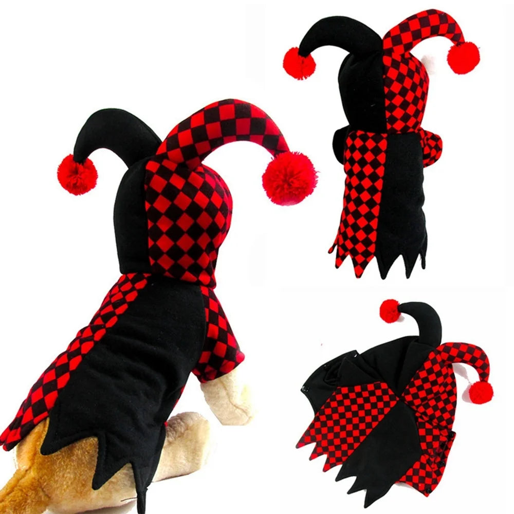 Dog and cat party costume set featuring a jester design with black and red checkered patterns
