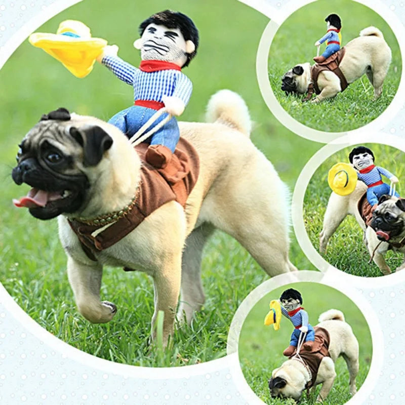 Dog and cat party costume set featuring a playful pug dressed as a cowboy with a toy cowboy figure