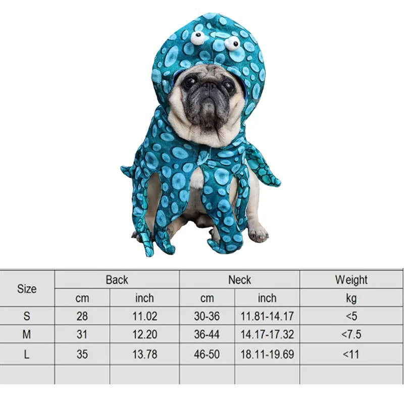 Adorable dog in a blue octopus costume from Zoomies & Co for a dog and cat party costume set