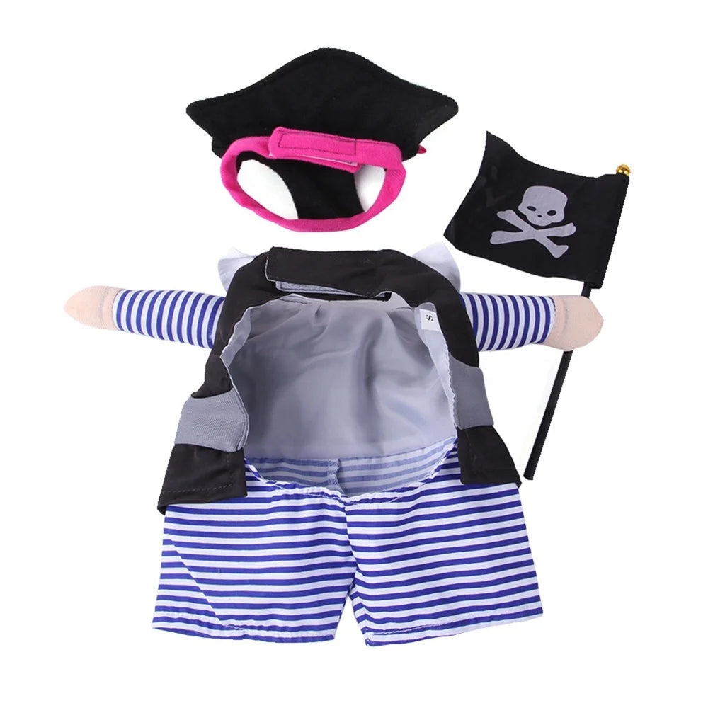 Pirate-themed dog and cat party costume set with hat and flag for fun pet celebrations