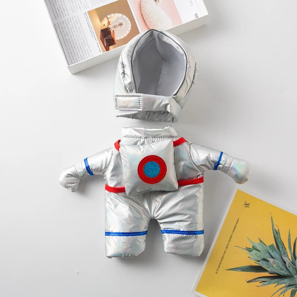 Silver dog and cat party costume set featuring an astronaut suit for pets