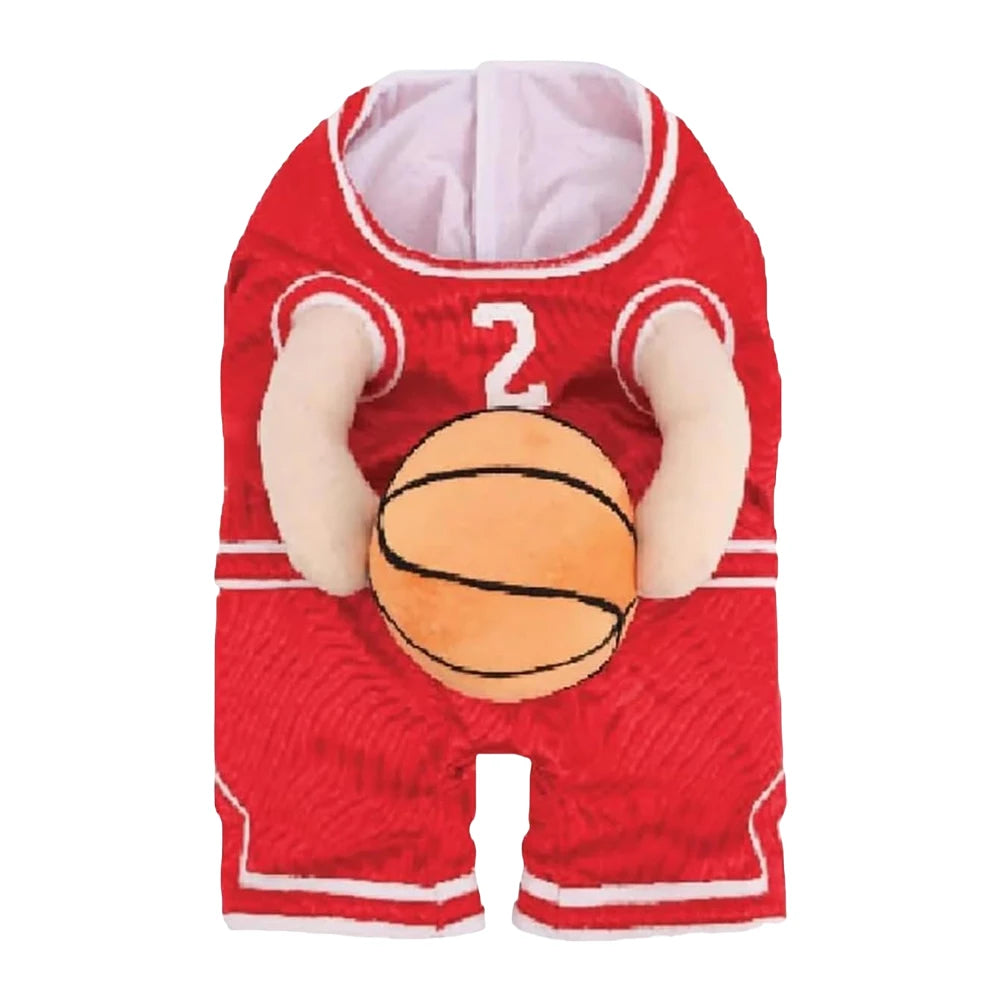 Dog basketball player costume in red with jersey and basketball design for playful pets
