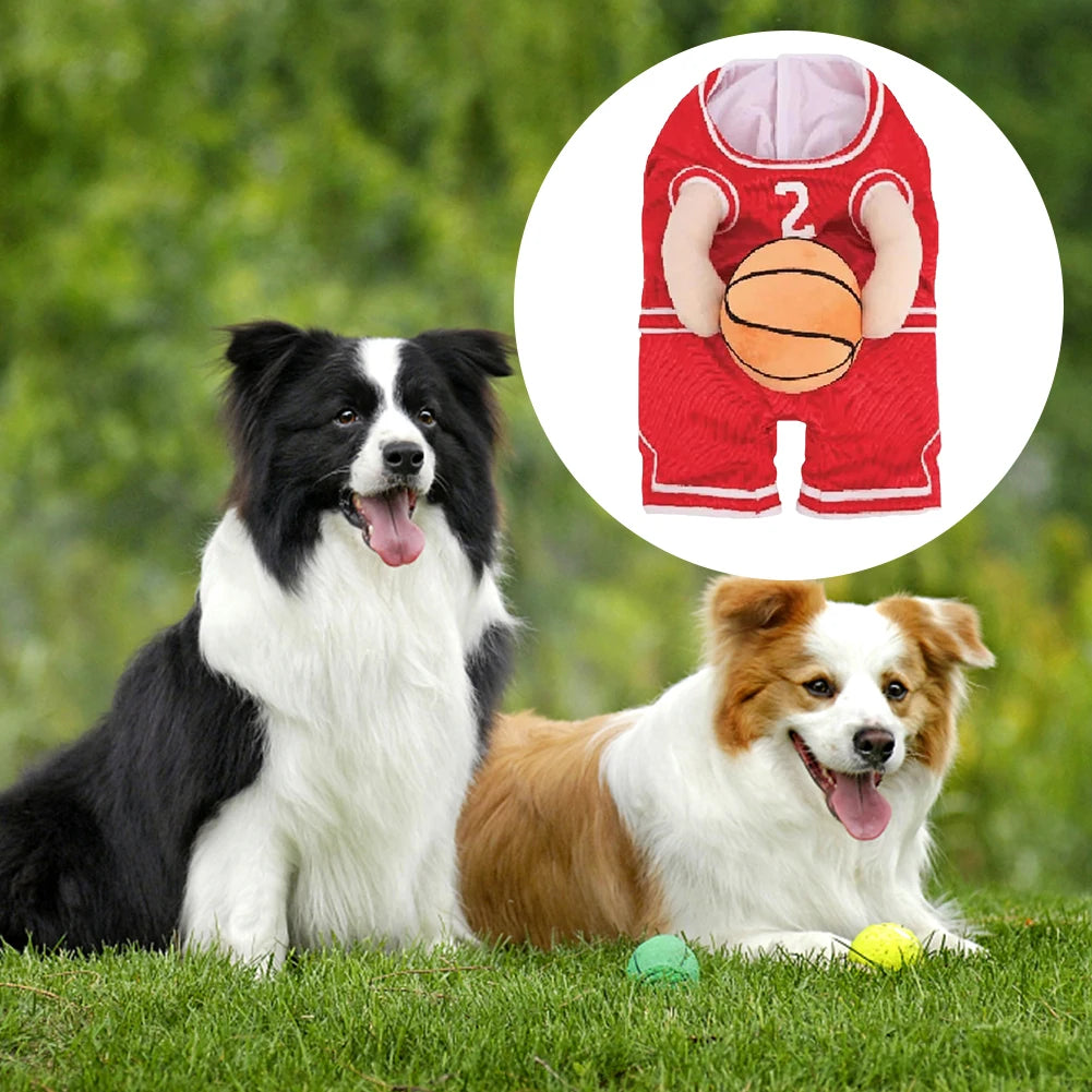 Adorable dogs wearing a dog basketball player costume perfect for pet sports events