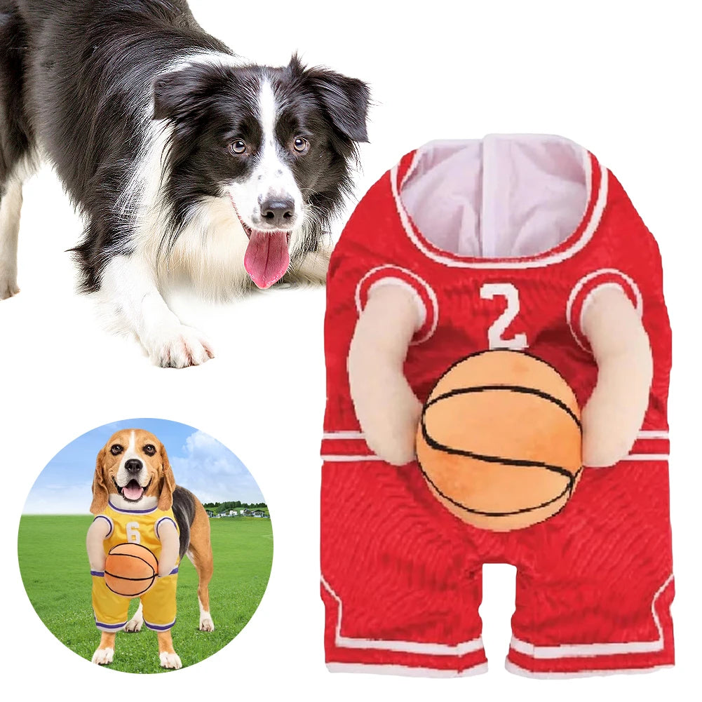 Dog basketball player costume in red with a basketball, perfect for playful pets during events