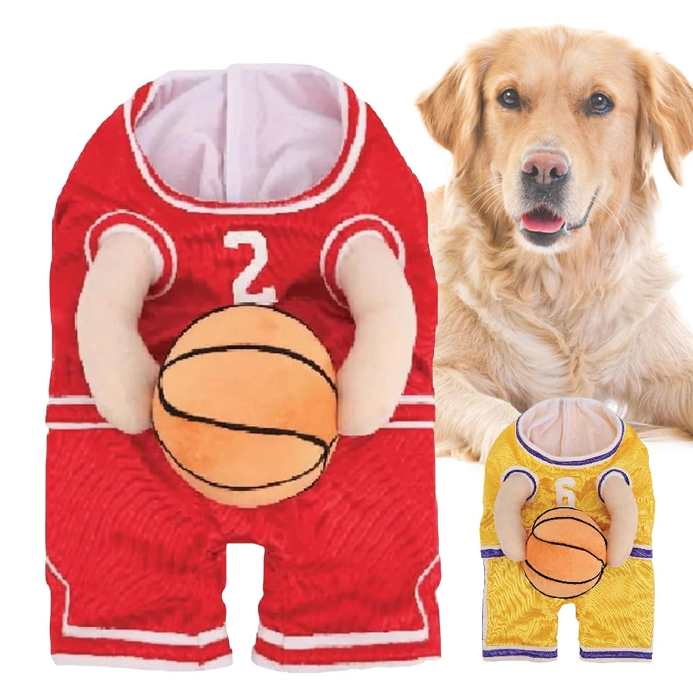 Dog basketball player costume in red and yellow with plush basketball, perfect for playful pets