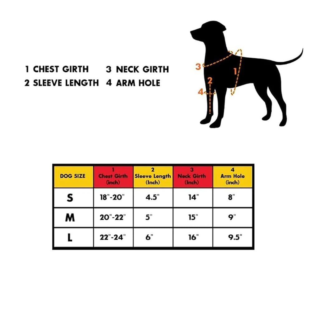 Sizing chart for dog basketball player costume with measurements for chest, sleeve, neck, and arm hole