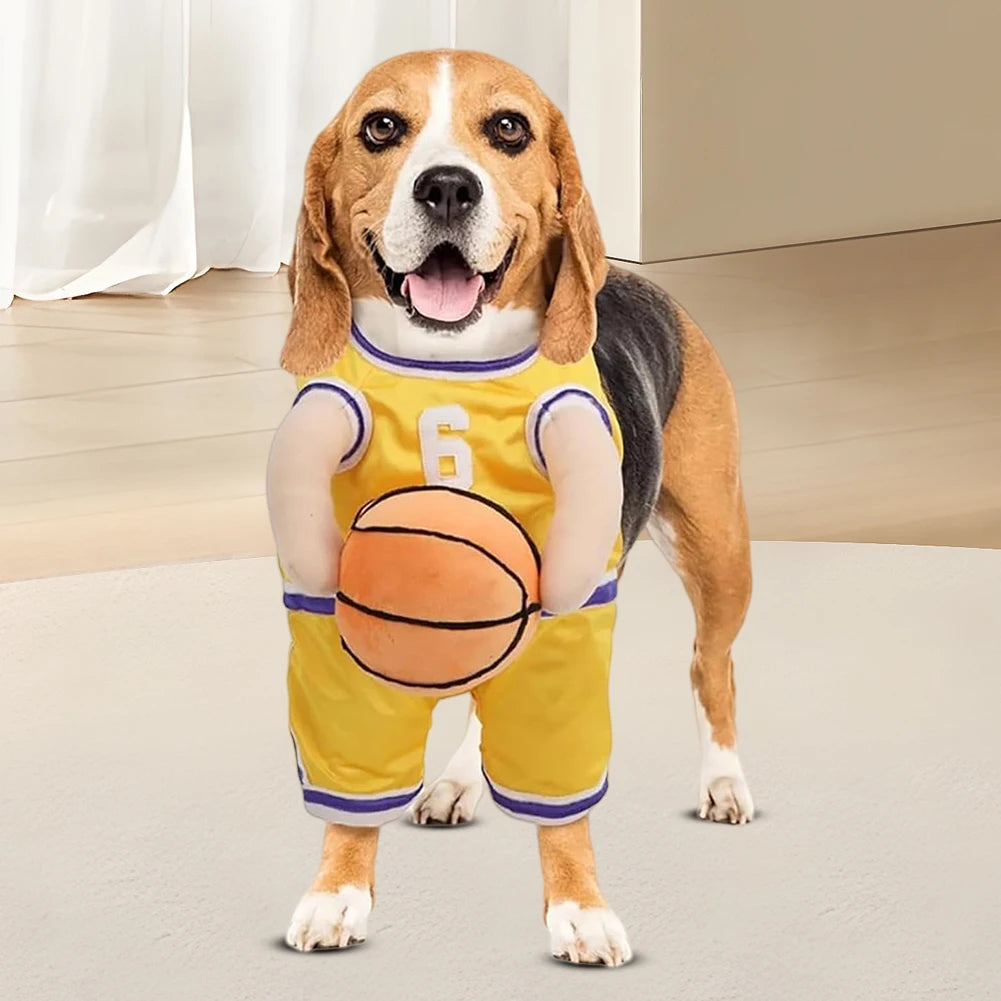 Cute dog basketball player costume featuring a yellow jersey and basketball for festive fun