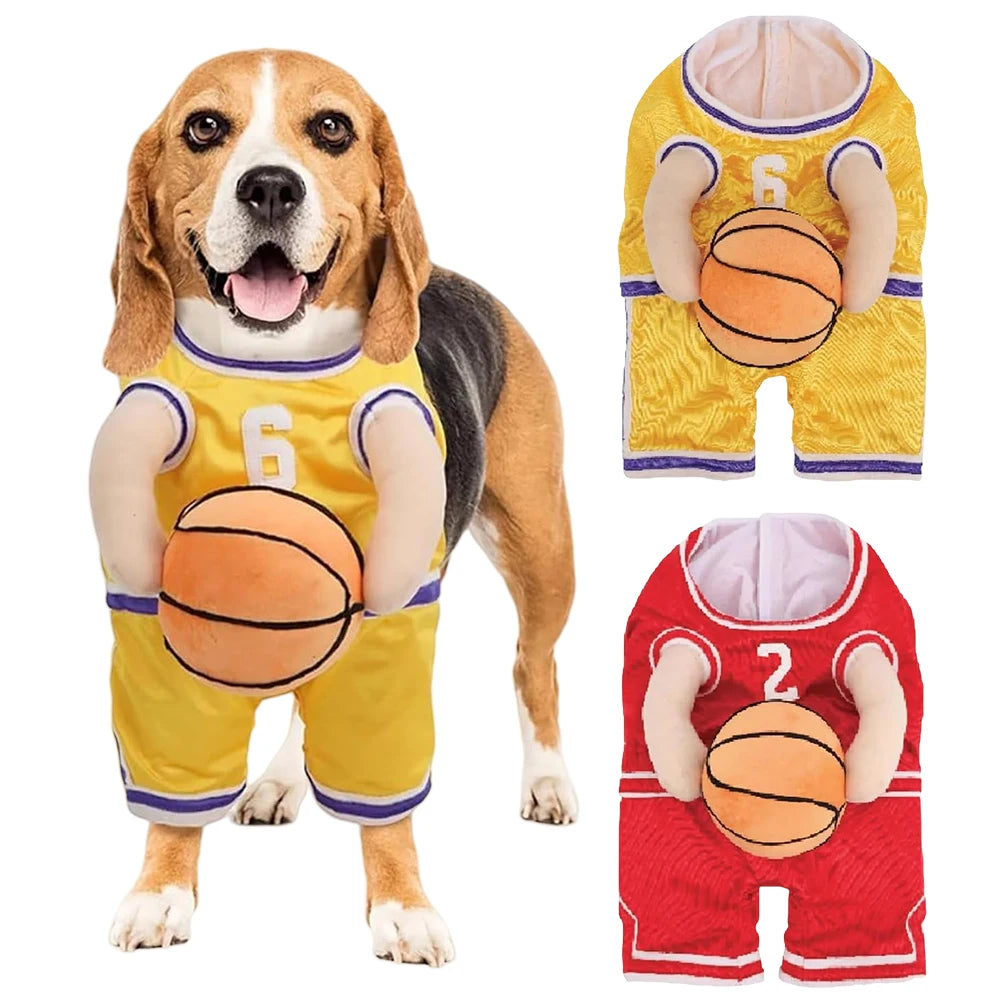 Beagle wearing a dog basketball player costume in yellow and red with basketball prop