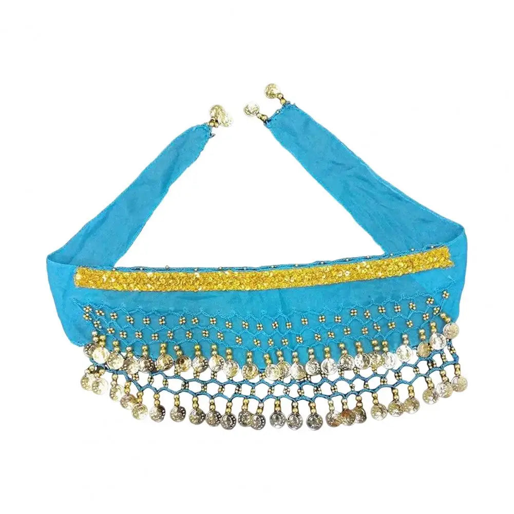 Dog belly dance costume in blue with gold accents and decorative fringe for festive pet outfits