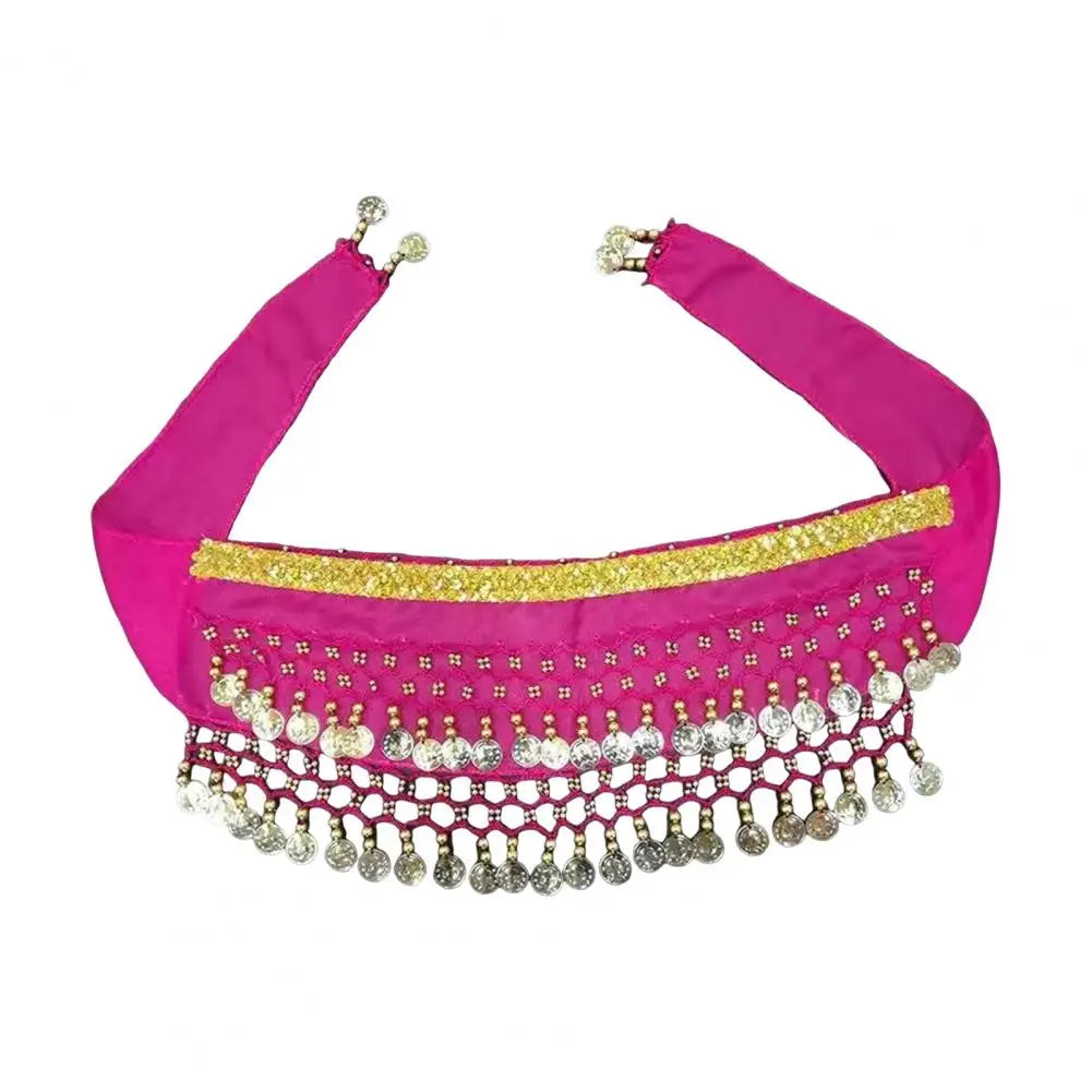 Pink dog belly dance costume belt with gold accents and decorative coins for festive pet celebrations