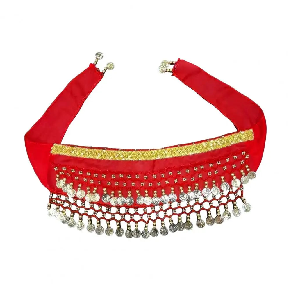 Red dog belly dance costume accessory with golden and silver coins for festive occasions