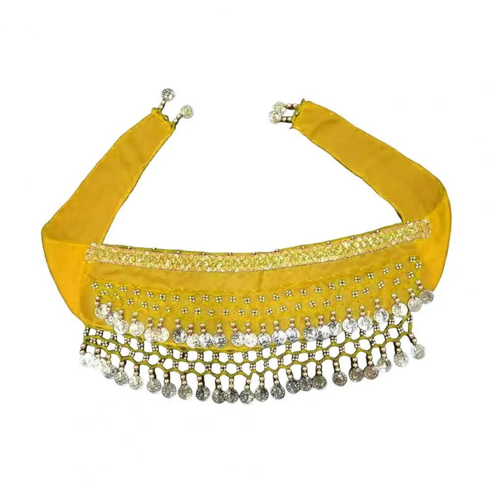 Bright yellow dog belly dance costume with sequins and tassels for playful pets