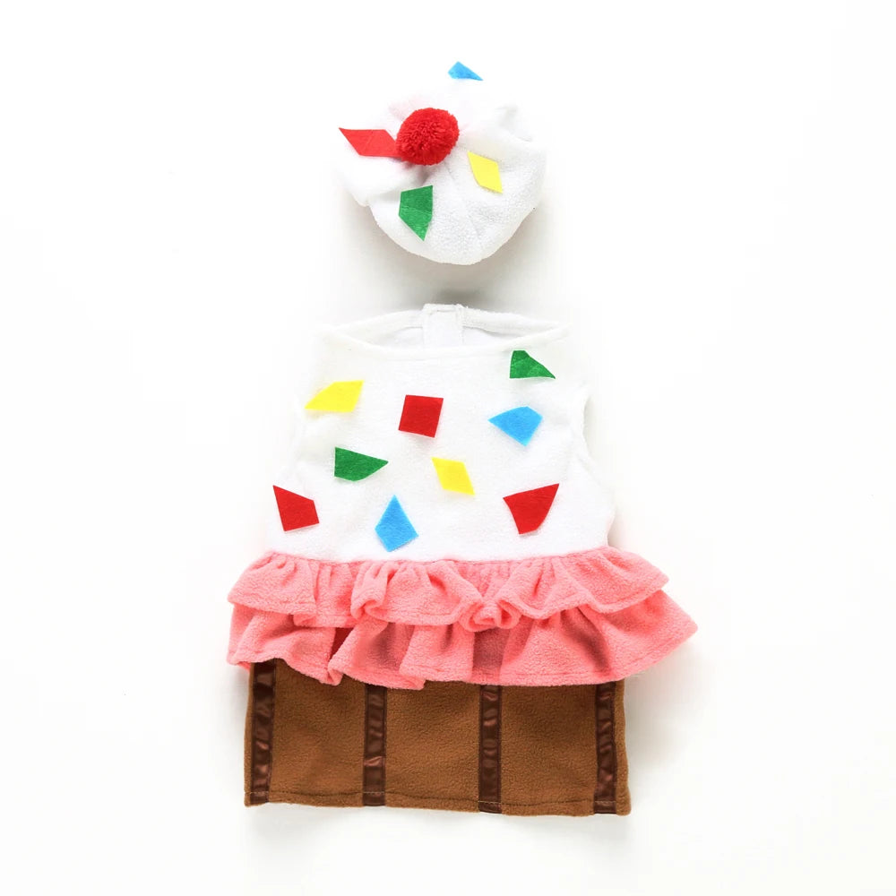Dog kimono chef costume featuring a cupcake design with colorful sprinkles and a matching hat