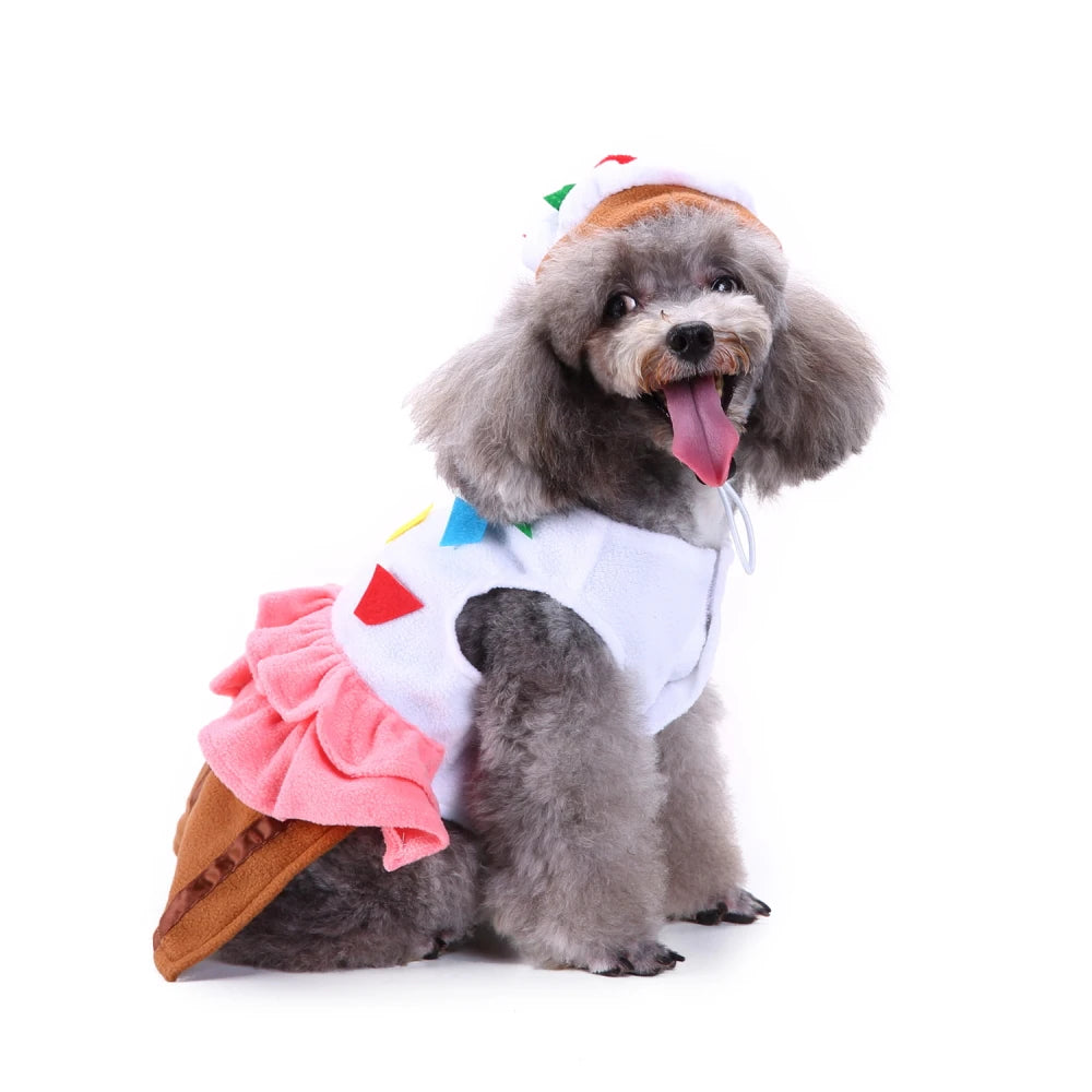 Adorable dog kimono chef costume with colorful toppings and festive hat for playful pets