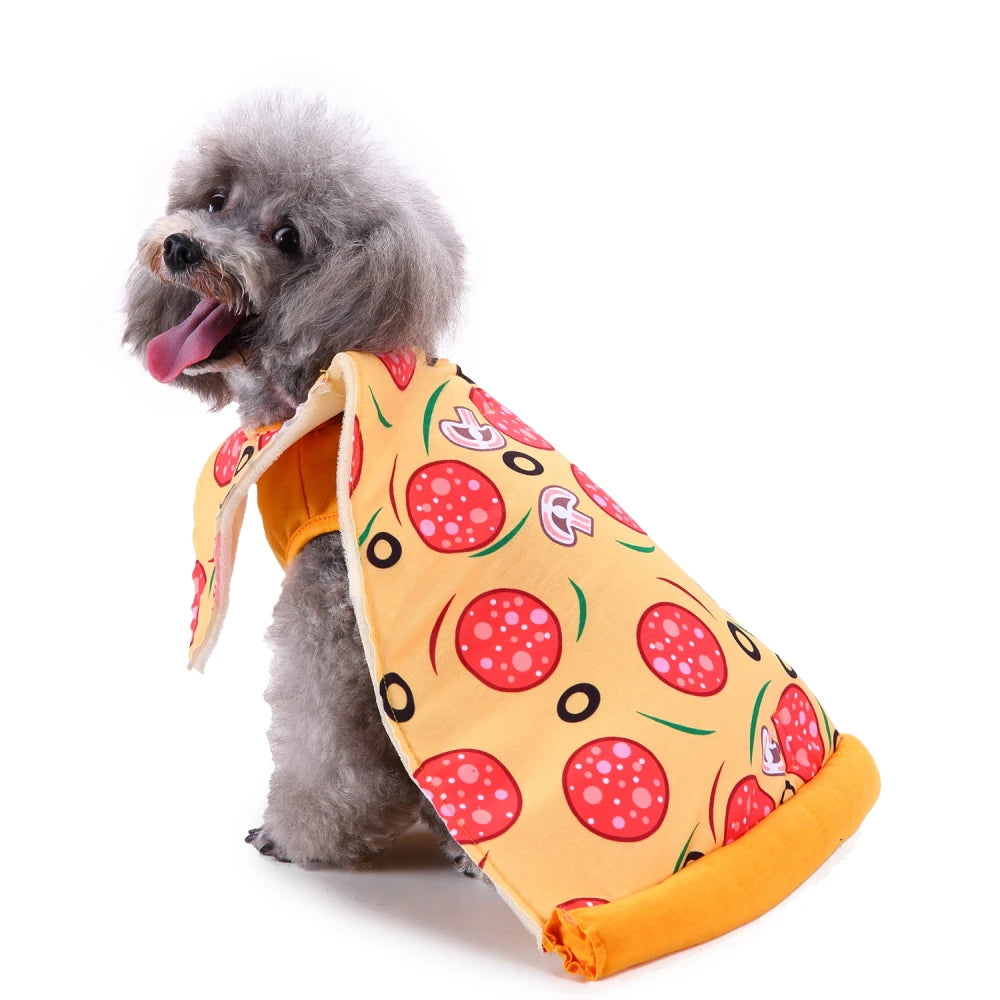 Dog in a fun pizza-themed dog kimono chef costume featuring colorful toppings and a cozy fit