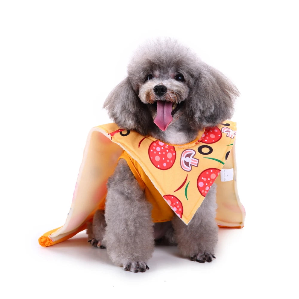 Adorable dog wearing a dog kimono chef costume with pizza print and vibrant colors