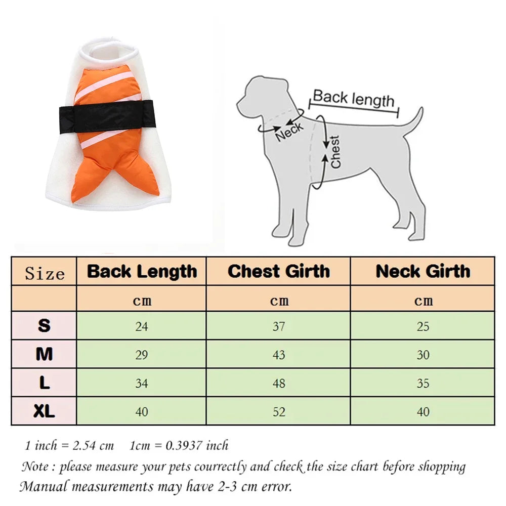 Dog kimono chef costume in orange and white with size chart for perfect fit