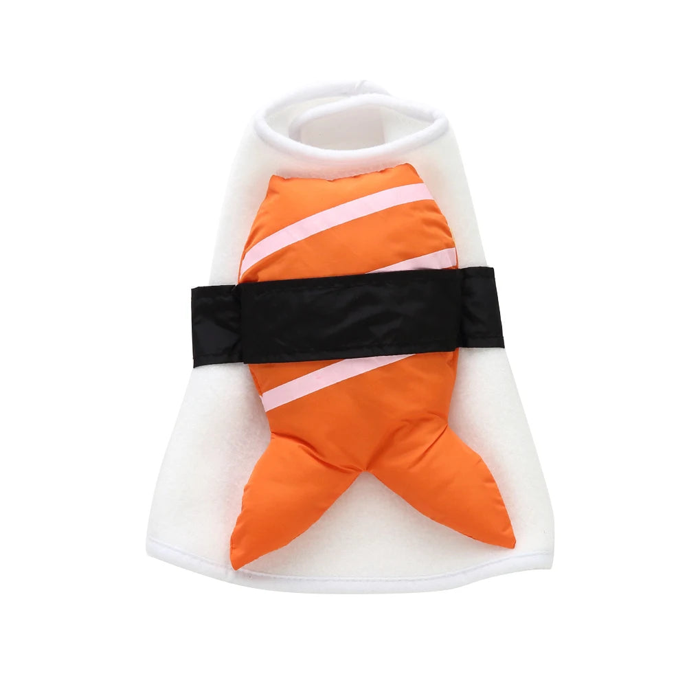 Adorable dog kimono chef costume featuring orange fish design for playful pets