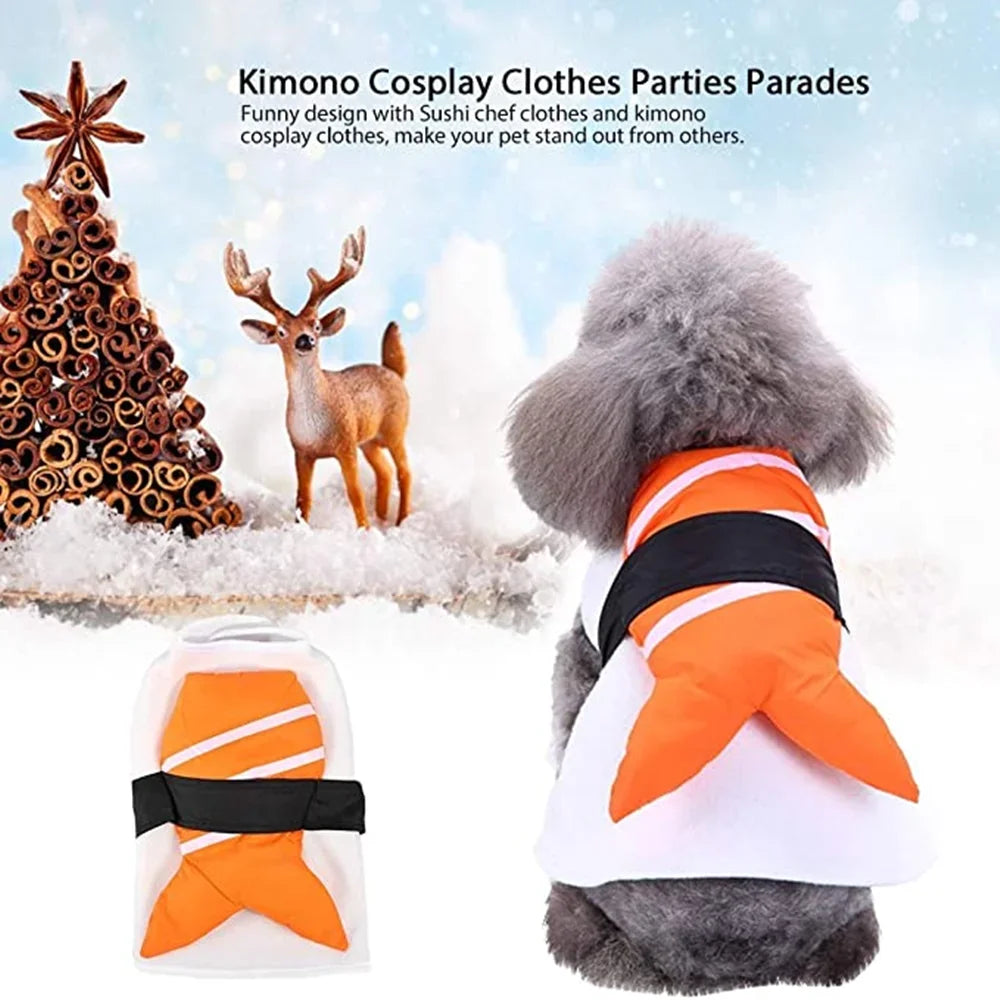 Dog Kimono Chef Costume featuring sushi chef design with orange and white detailing for festive occasions
