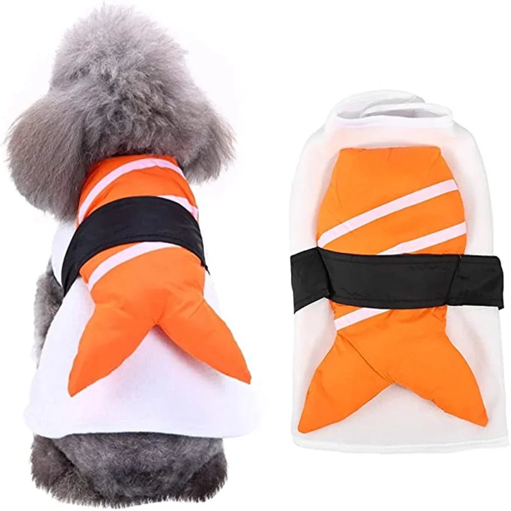 Cute dog kimono chef costume featuring a sushi design and vibrant colors for pets' dress-up fun