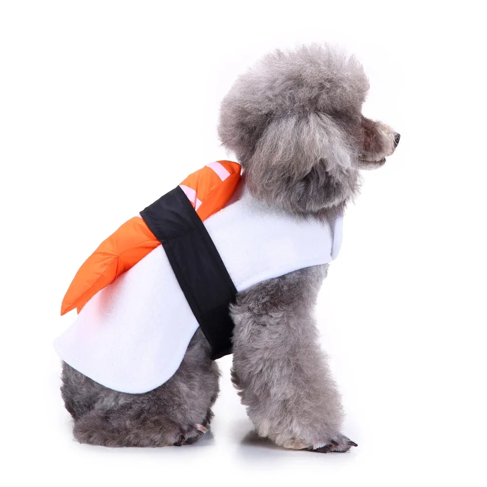 Adorable dog kimono chef costume styled like sushi, perfect for pet parties and themed events