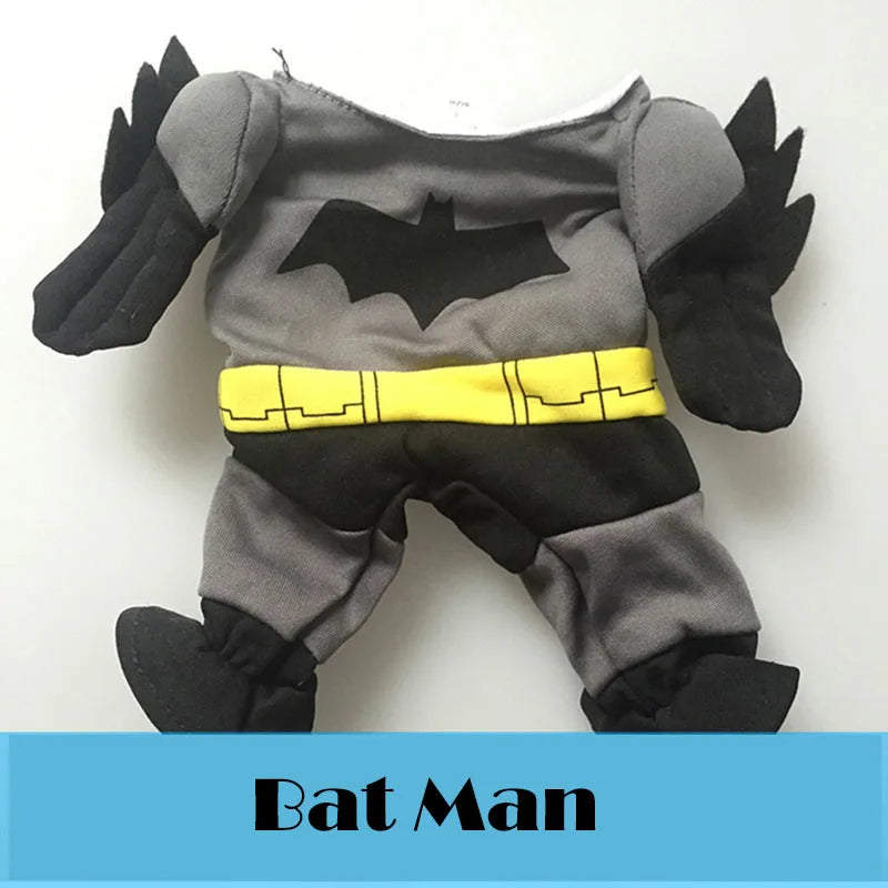 Gray and black superhero pet costume for dogs featuring a Bat Man design with wings and yellow belt