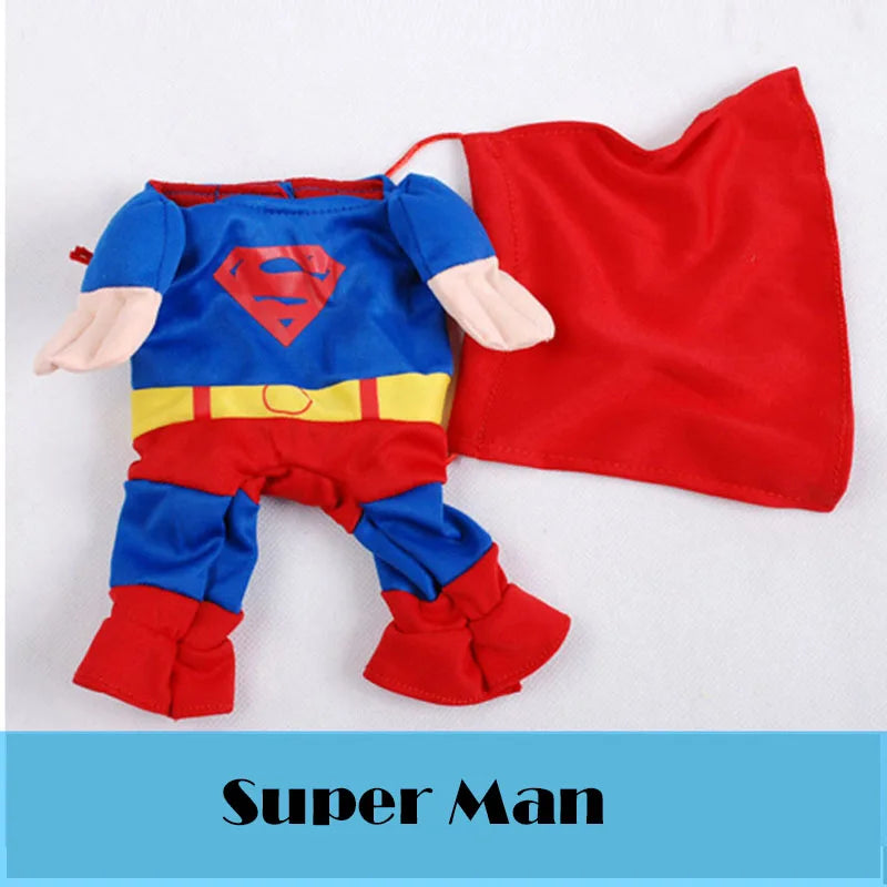 Superman superhero pet costume for dogs featuring a red cape and blue costume design