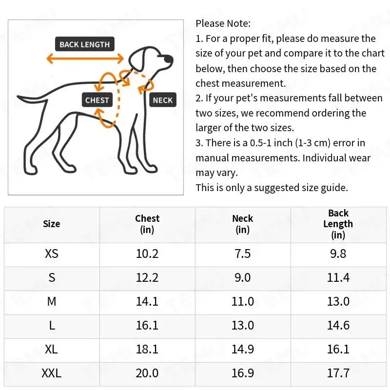 Size guide for dog wedding dress showing chest, neck, and back length measurements in inches