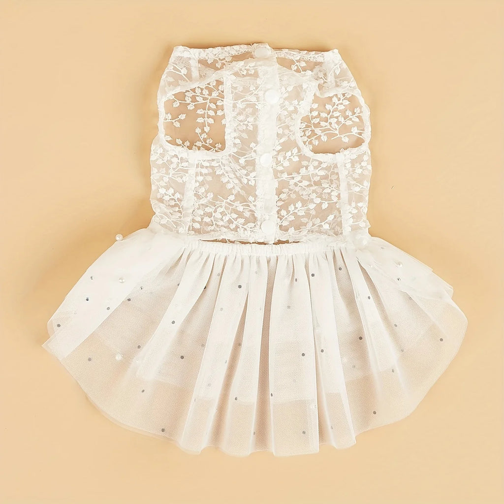 Elegant dog wedding dress with floral lace and a layered tulle skirt for special occasions
