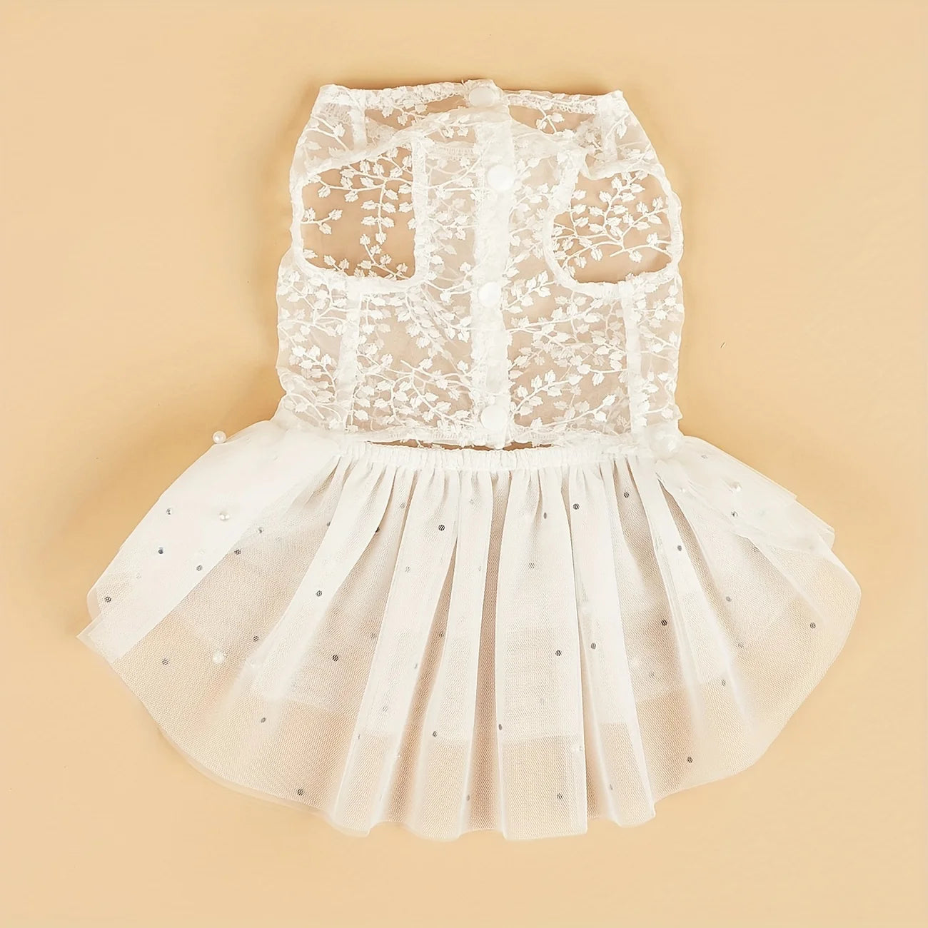 Elegant dog wedding dress with floral lace and a layered tulle skirt for special occasions