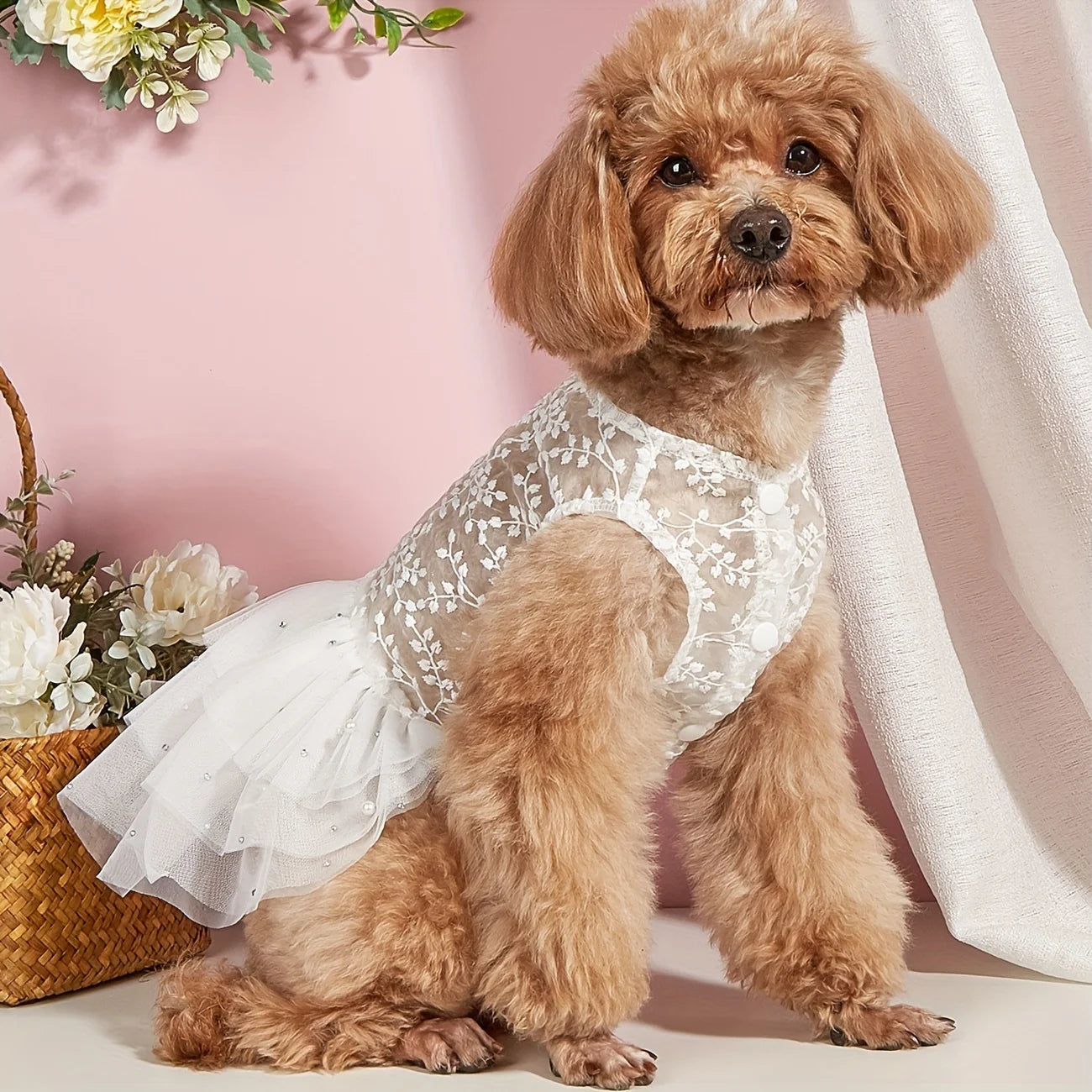 Adorable dog wedding dress with floral lace and tulle skirt, perfect for your furry friend on special occasions