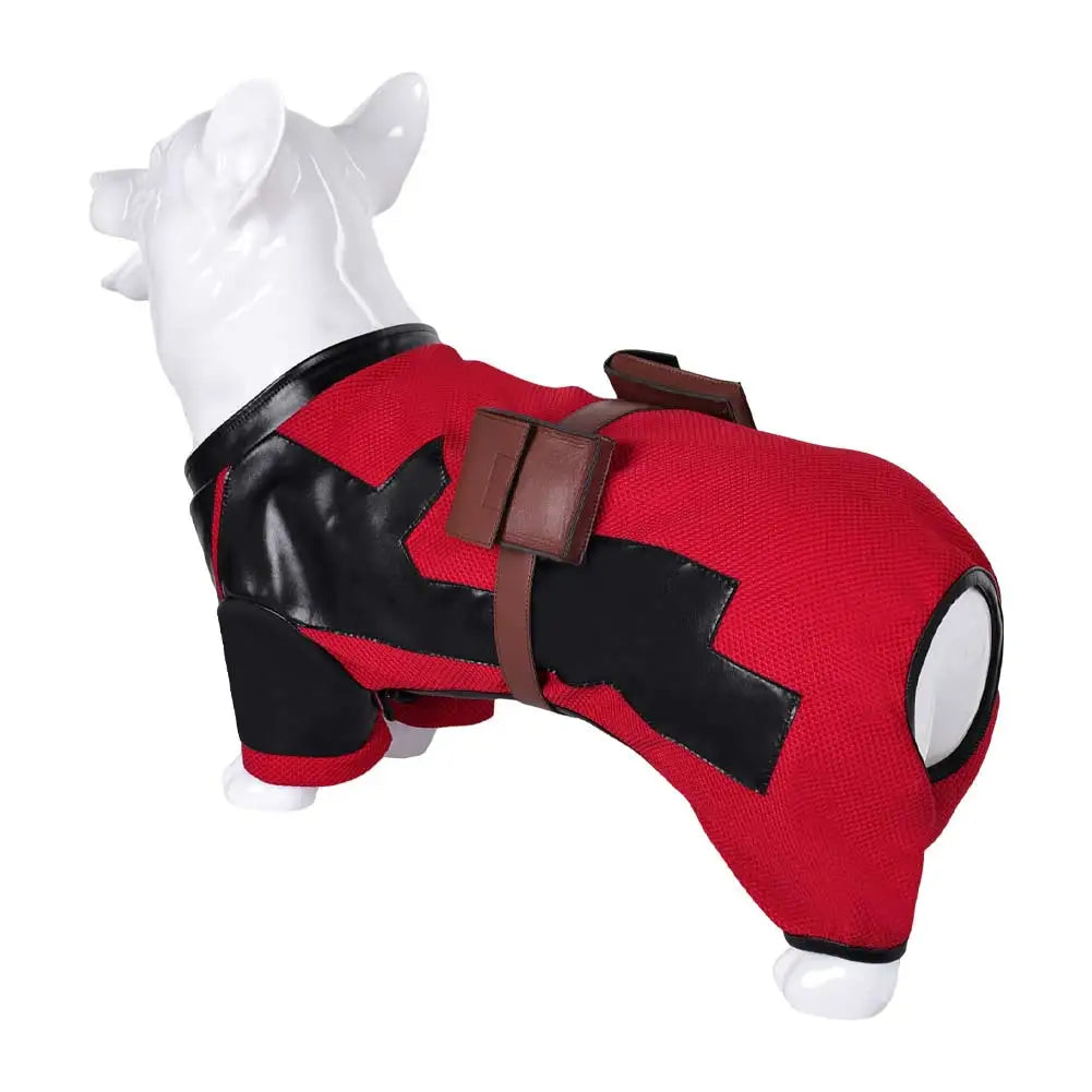Dogpool dog costume in red and black with detailed accessories for pets to dress up as a superhero