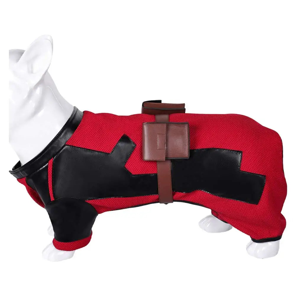Dogpool dog costume in red and black with a harness style design for pet dress-up