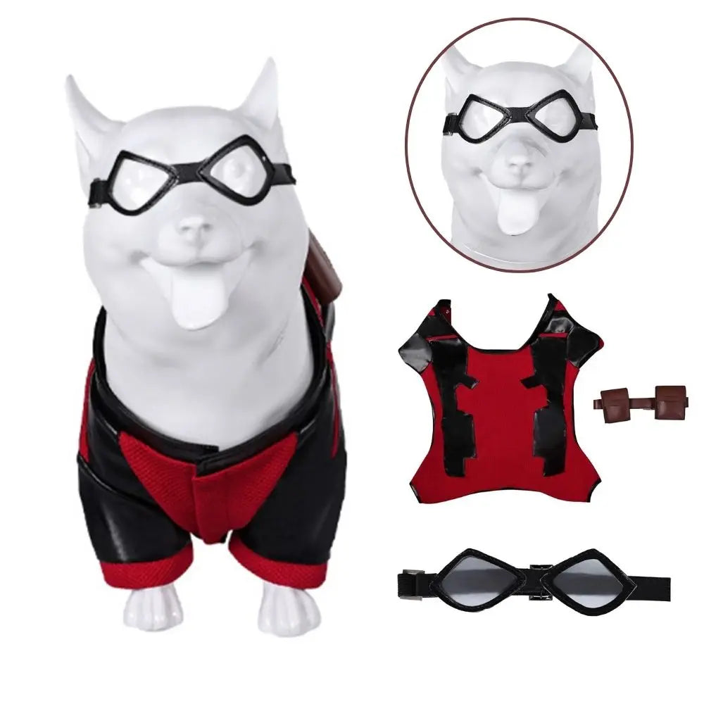Dogpool dog costume with red and black design and goggles for playful pets