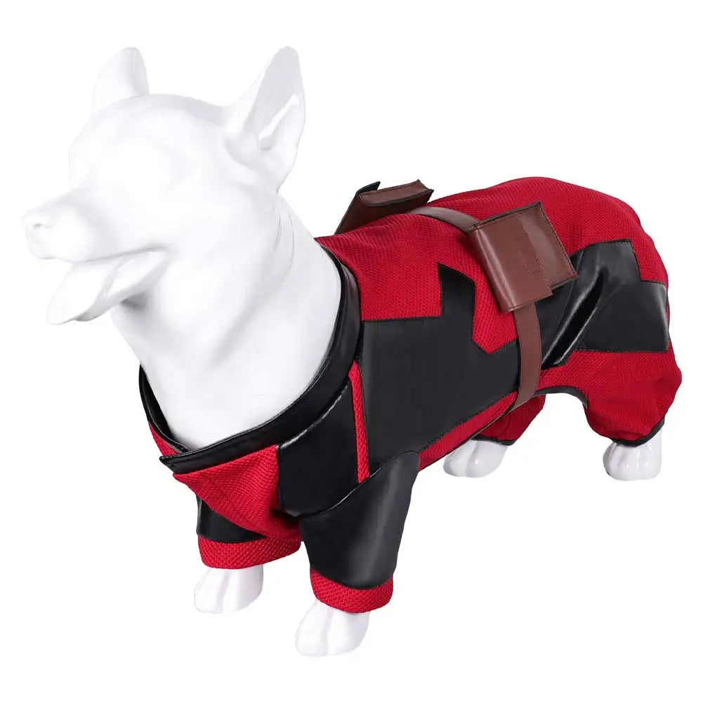 Dogpool dog costume in red and black, perfect for playful pets during Halloween or themed parties