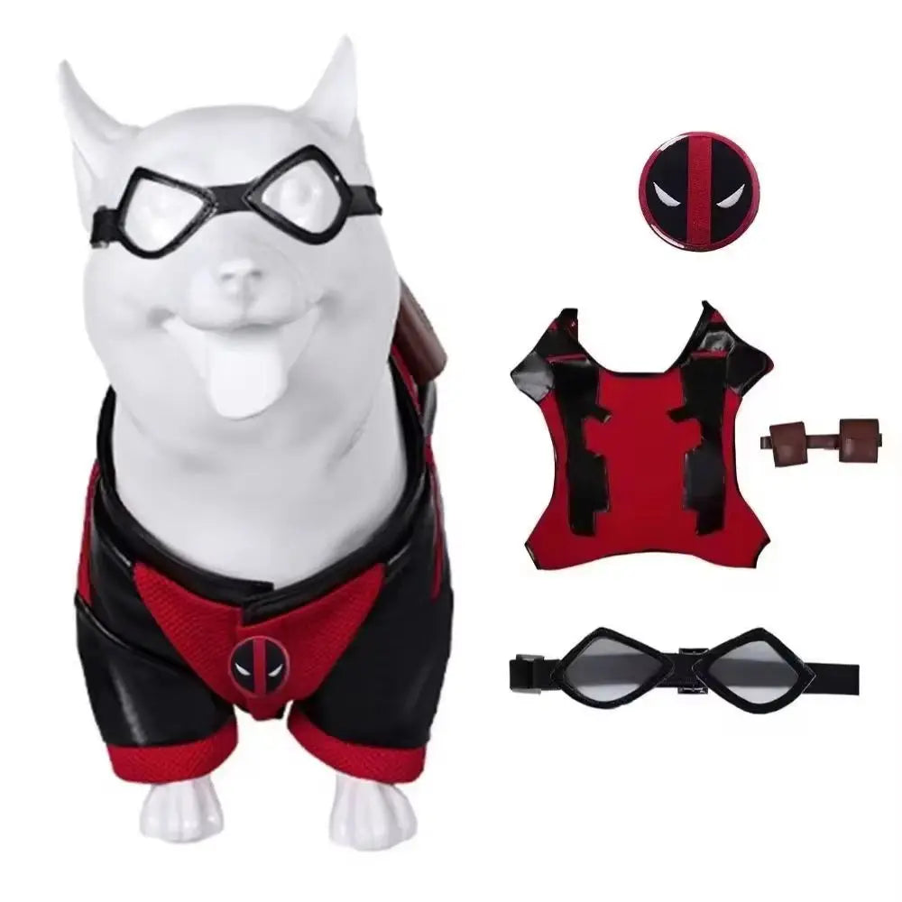 Dogpool dog costume featuring red and black outfit with goggles and accessories for dogs