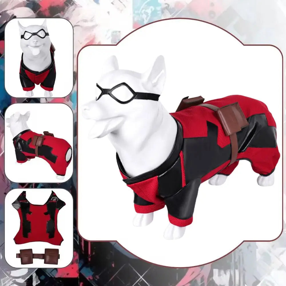 Dogpool dog costume in red and black with accessories for pets at Halloween or dress-up events