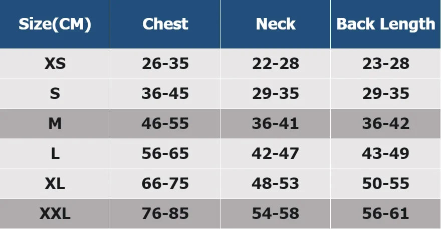 Dogpool dog costume size chart showing measurements for various sizes from XS to XXL