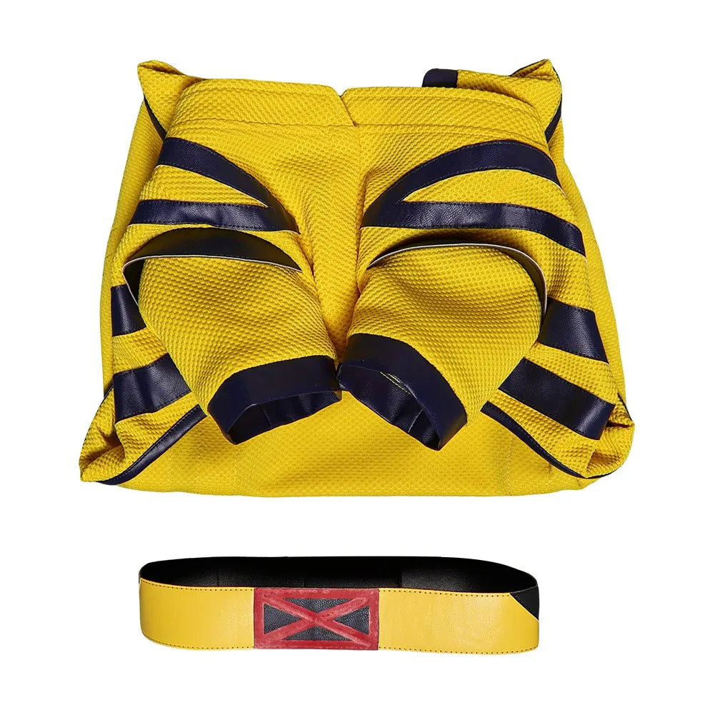 Dogpool dog costume in yellow with black stripes and matching accessory for pets to dress up
