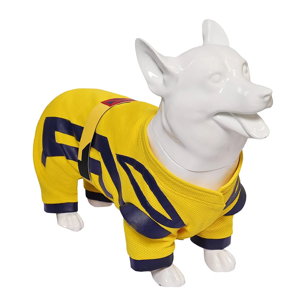 Dogpool dog costume in yellow and blue for pets who love superheroes