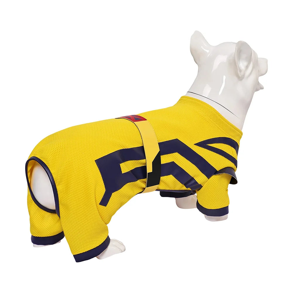 Dogpool dog costume in yellow with a sporty design for playful pets