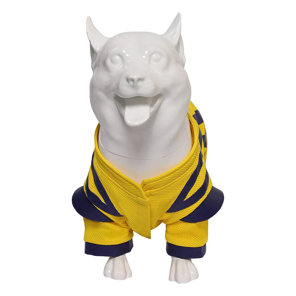 Cute Dogpool dog costume in yellow and navy blue for pets, perfect for fun dress-up occasions