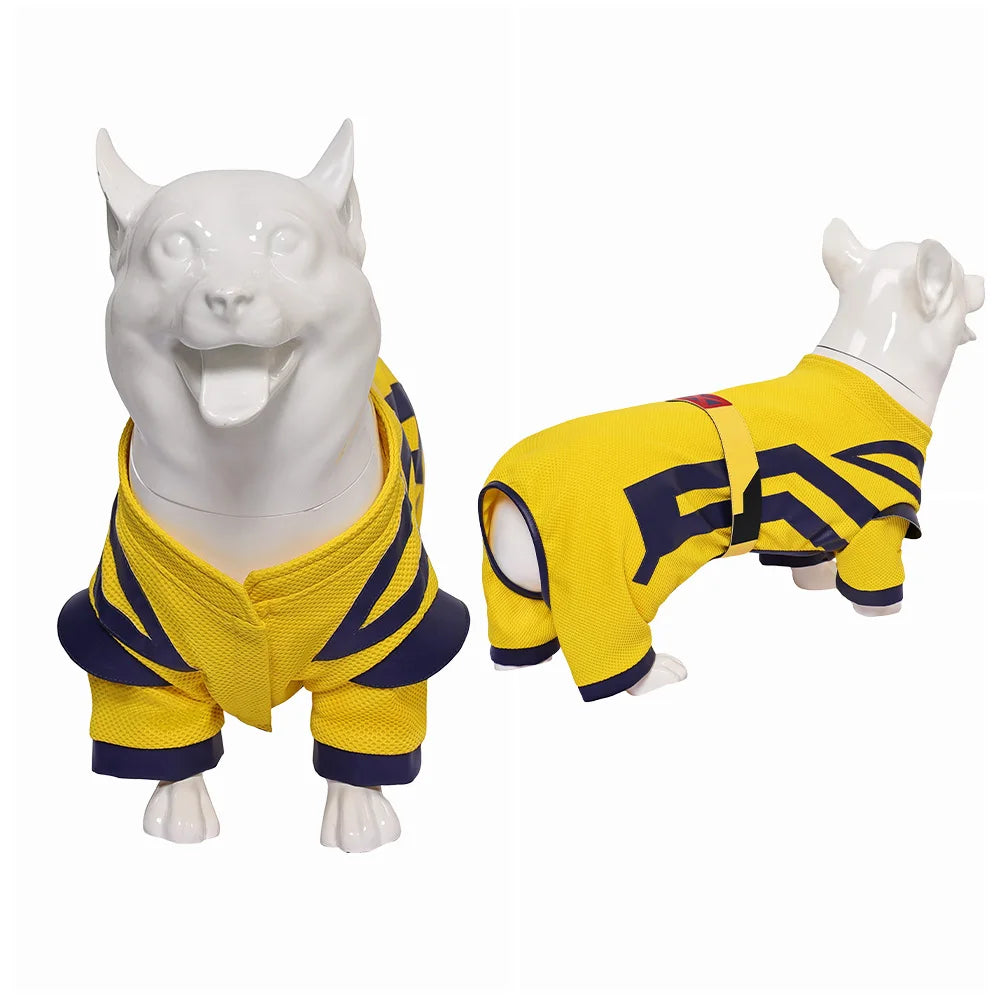 Yellow Dogpool dog costume with sporty design for playful pets at Halloween