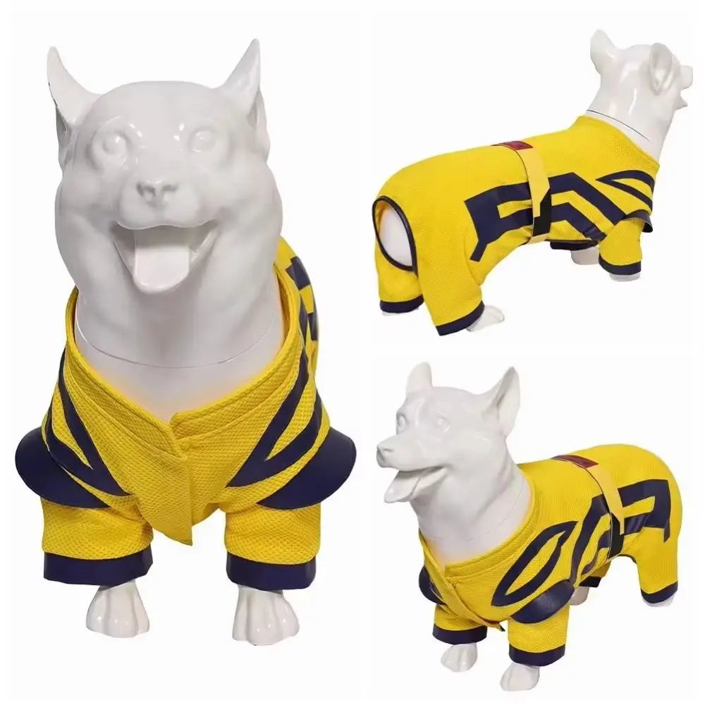 Dogpool dog costume in yellow and navy with matching shirt and pants for fun pet wear
