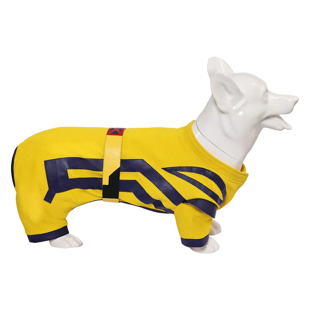 Dogpool dog costume in yellow and purple design for playful pet adventures