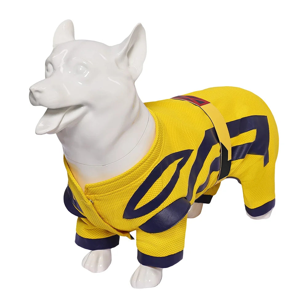 Bright yellow Dogpool dog costume for dogs featuring a sporty design and comfortable fit